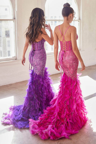 Ladivine CC2308 - V-Neck Feathered Mermaid Prom Gown Special Occasion Dress
