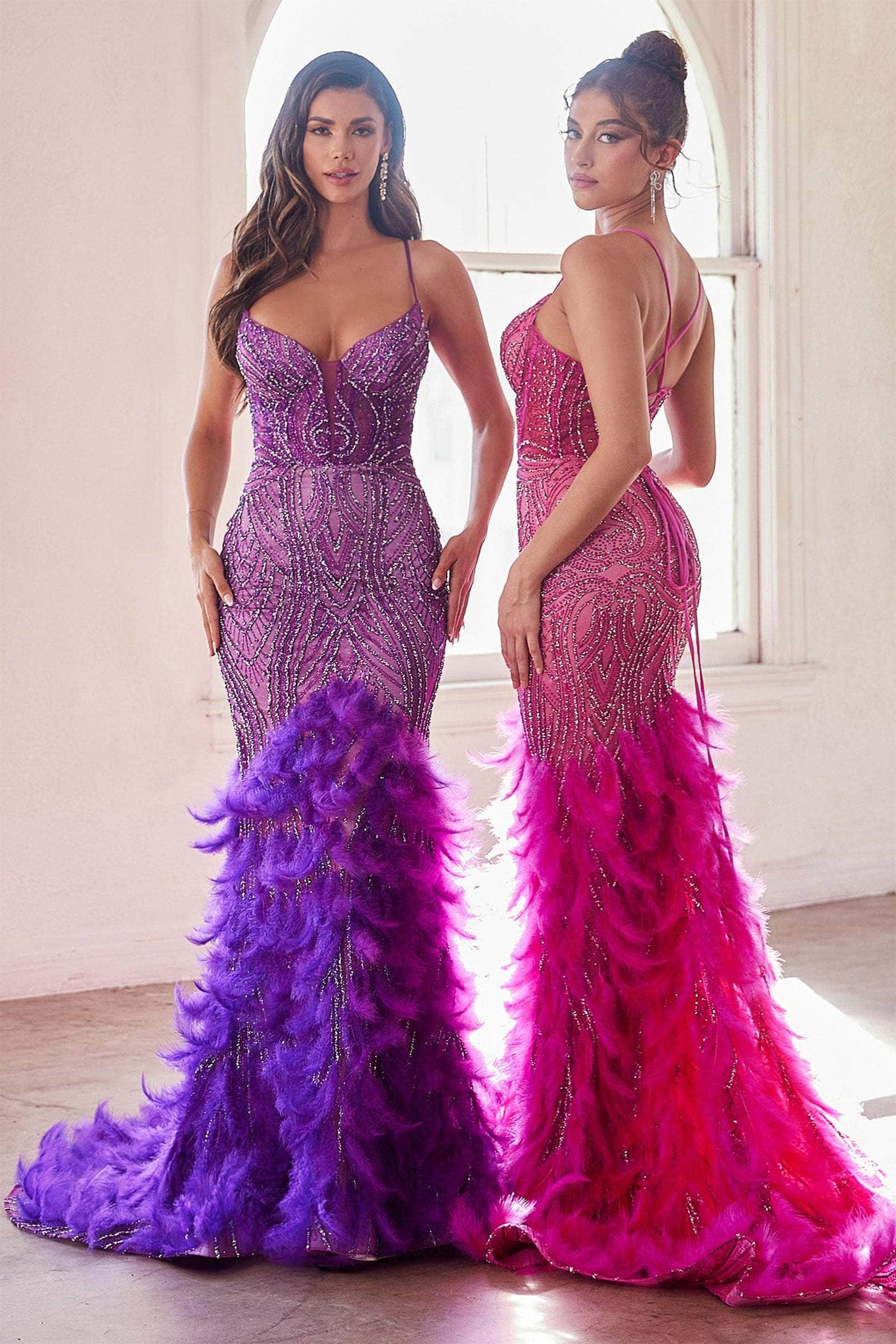 Ladivine CC2308 - V-Neck Feathered Mermaid Prom Gown Special Occasion Dress