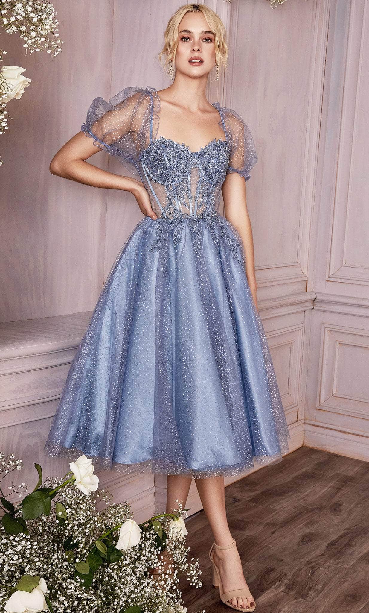 Ladivine CD0187 - Tea-Length Tulle A-Line Dress - Puff Sleeves, Rhinestones, Lace Appliques, Corset Boning, Sheer Midrise Back, Tea Length Hem XS / Ladivine CD0187 - Tea-Length Tulle A-Line Dress - Puff Sleeves, Rhinestones, Lace Appliques, Corset Boning, Sheer Midrise Back, Tea Length Hem XS /
