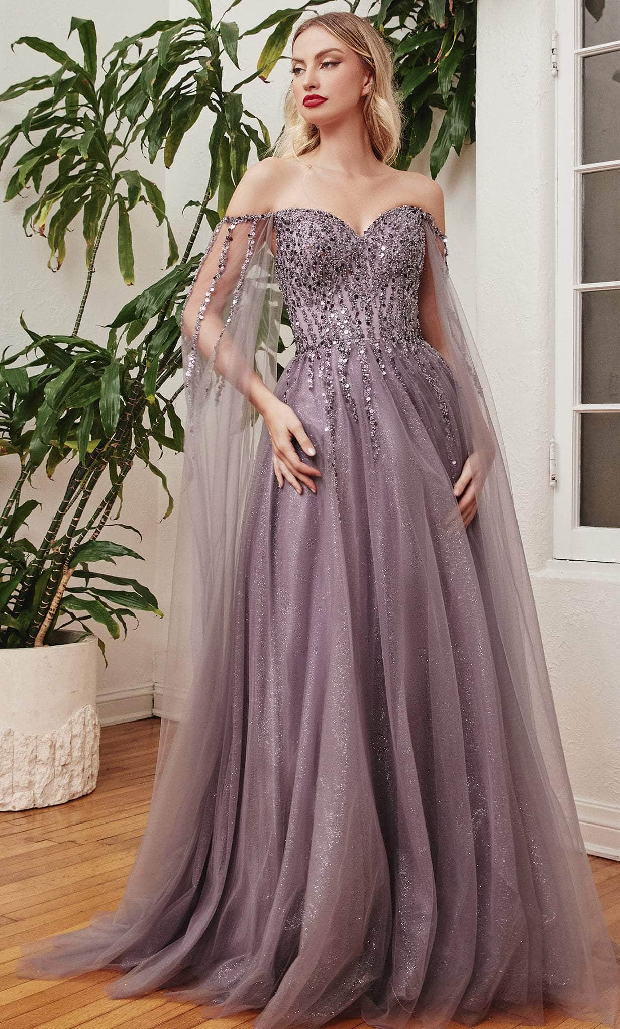 prom dress with sleeve cape Ladivine CD0239 - Long Tulle Sheath Dress