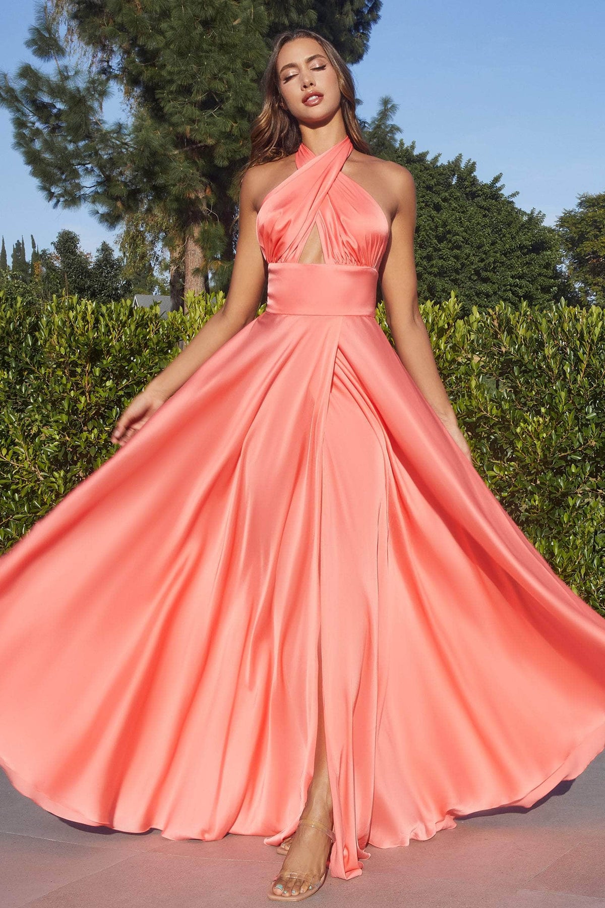 Ladivine CD323 - Long A-Line Dress - Sleeveless, Wide Waistband, Convertible Straps, Open Back, Back Zipper, High Slit, Floor Length ADASA Ladivine CD323 - Long A-Line Dress - Sleeveless, Wide Waistband, Convertible Straps, Open Back, Back Zipper, High Slit, Floor Length ADASA