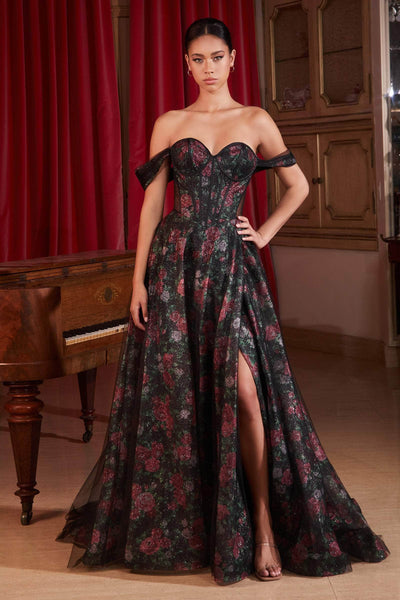 Ladivine CD806 - Corset Bodice Floral Print Gown Special Occasion Dress