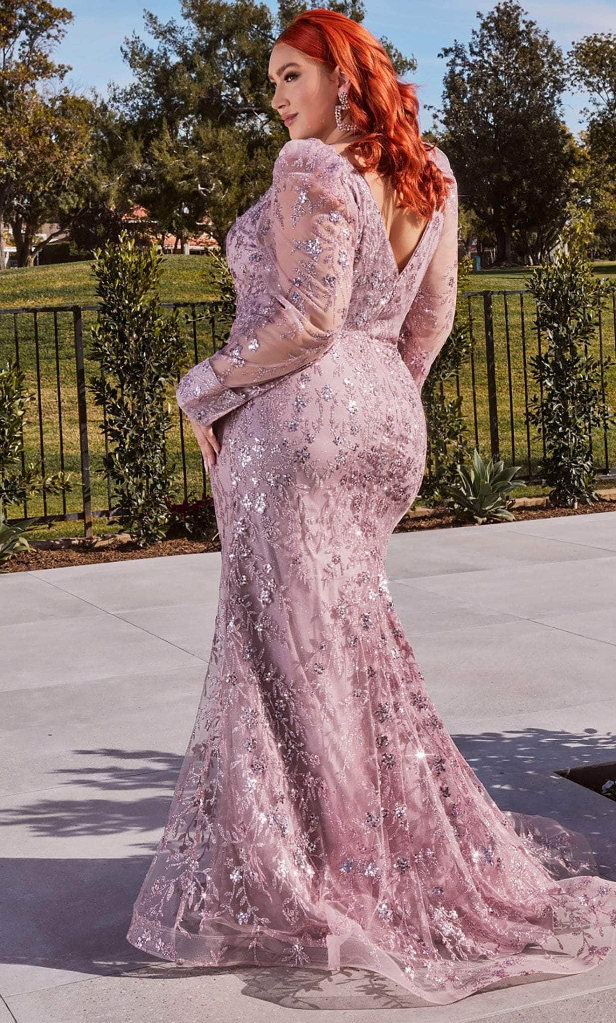 Ladivine CD989 - Long Glitter Print Tulle Mermaid Dress - Embellished, Puff Long Sleeves, Glitter Print, V-Open Back, Sweep Train ADASA Ladivine CD989 - Long Glitter Print Tulle Mermaid Dress - Embellished, Puff Long Sleeves, Glitter Print, V-Open Back, Sweep Train ADASA