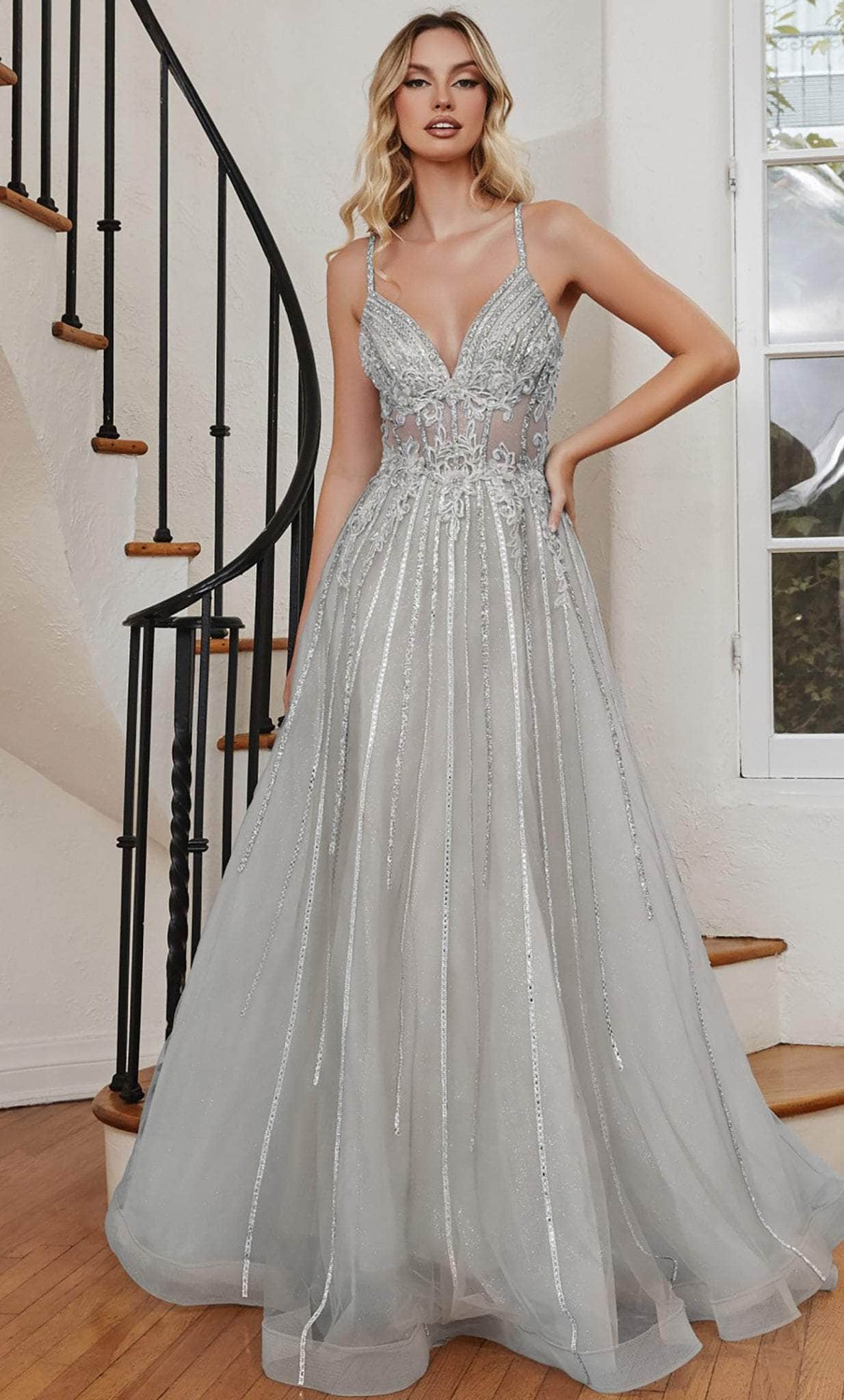 Ladivine CD994 - Applique A-Line Prom Dress Prom Dresses 4 / Silver-