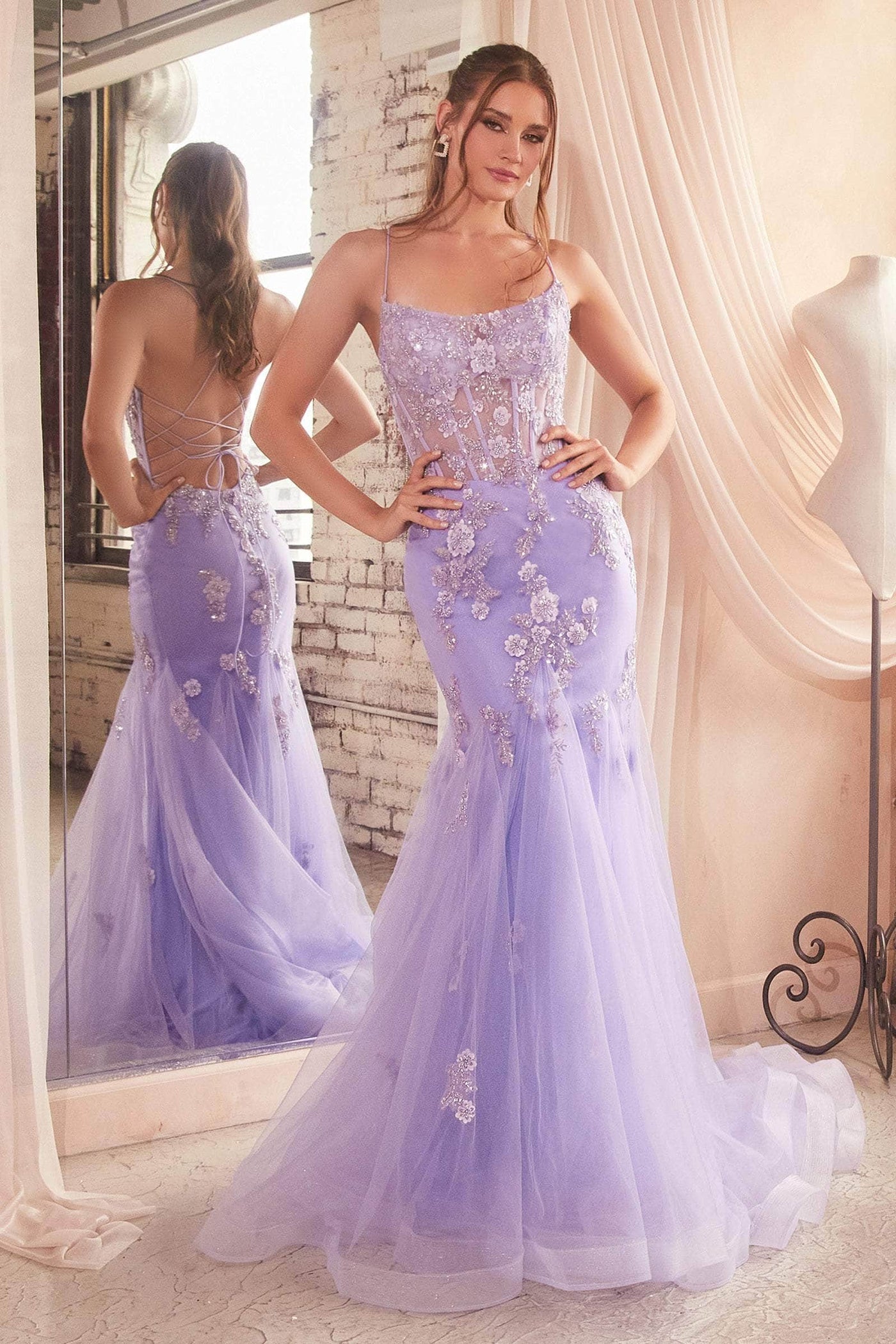Ladivine D145 - Scoop Illusion Waist Prom Gown Special Occasion Dress