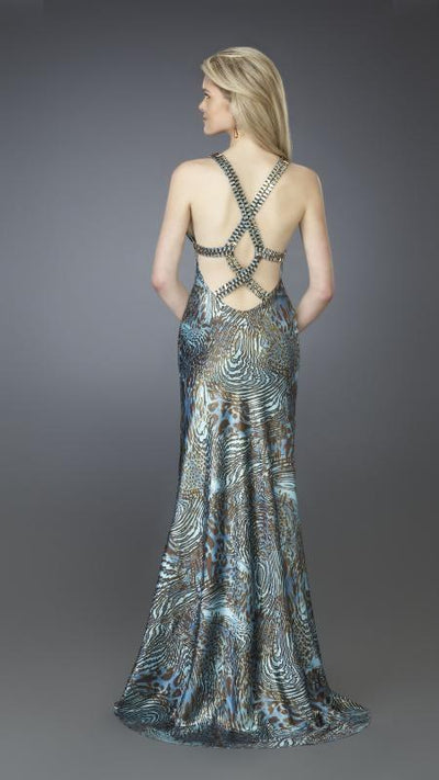 La Femme - Printed Sleeveless V-neck Long Trumpet Gown 14148 in Blue