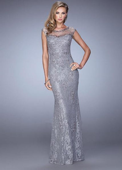 La Femme - Sparkling Lace Sheath Gown 20673 In Gray
