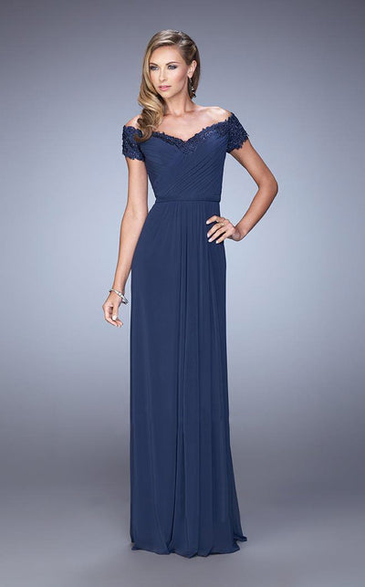 La Femme - 21613 Jeweled Lace Off Shoulder Gown In Blue