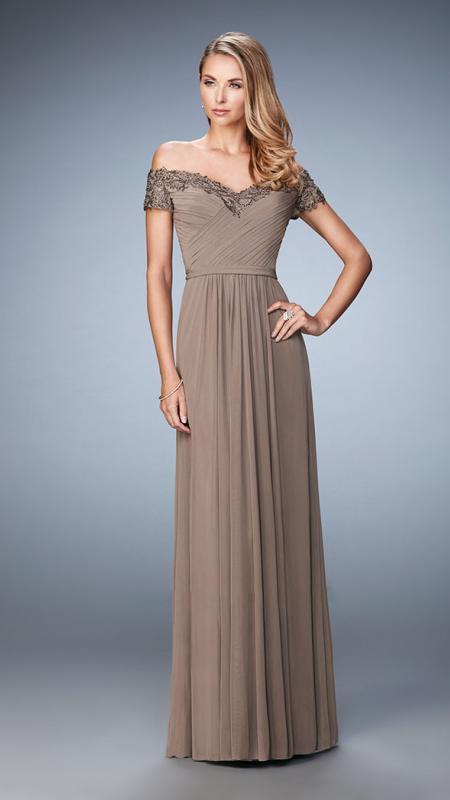 La Femme - 21613 Jeweled Lace Off Shoulder Gown In Brown