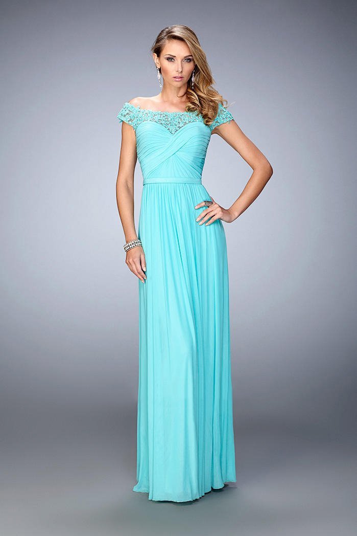 La Femme Ruched Off Shoulder Criss Cross Evening Gown in Green
