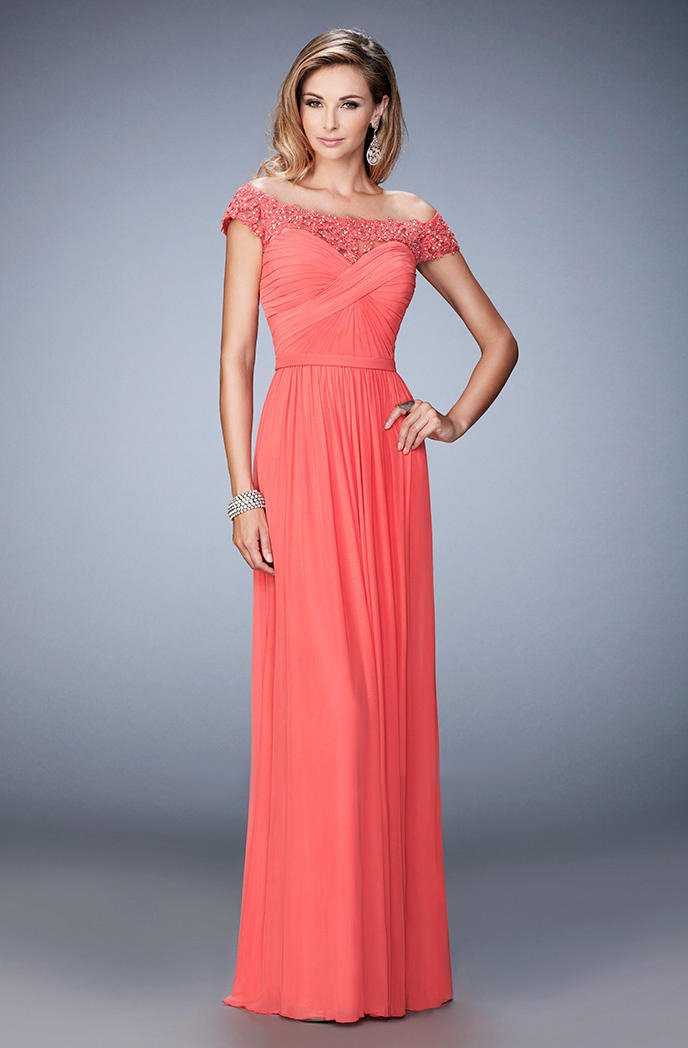 La Femme - 21979 Off Shoulder Criss Cross Ruched Gown In Pink