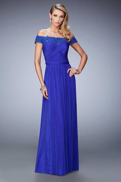 La Femme - 21979 Off Shoulder Criss Cross Ruched Gown In Blue