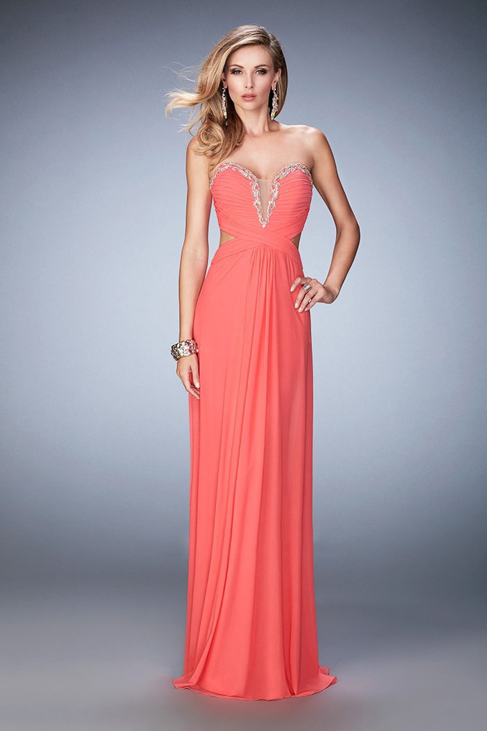 La Femme - 22196 Embellished Ruched Criss Cross Gown In Pink
