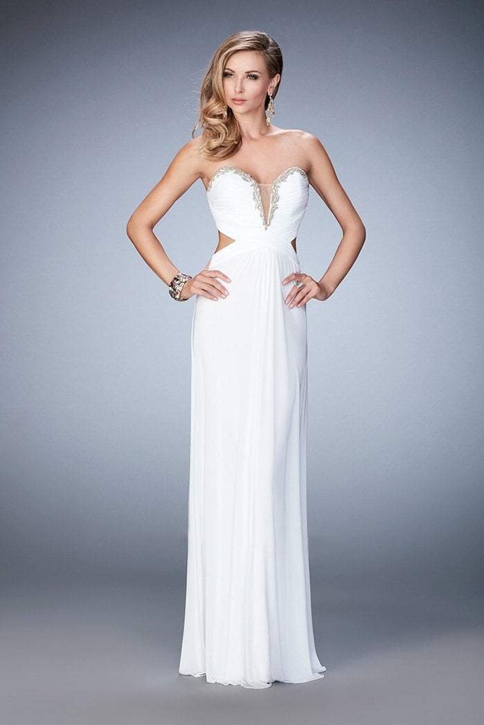 La Femme - 22196 Embellished Ruched Criss Cross Gown In White