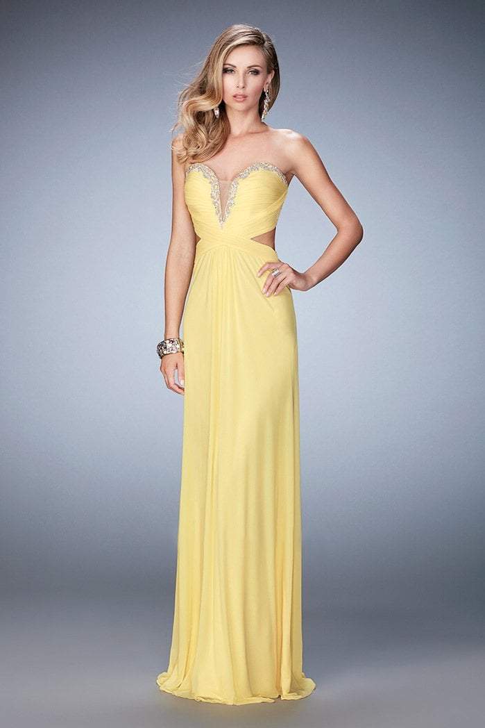 La Femme - 22196 Embellished Ruched Criss Cross Gown In Yellow