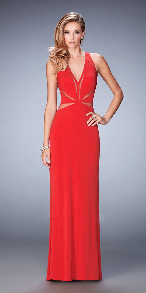 La Femme - 22276 Jersey V-neck Sheath Dress In Red