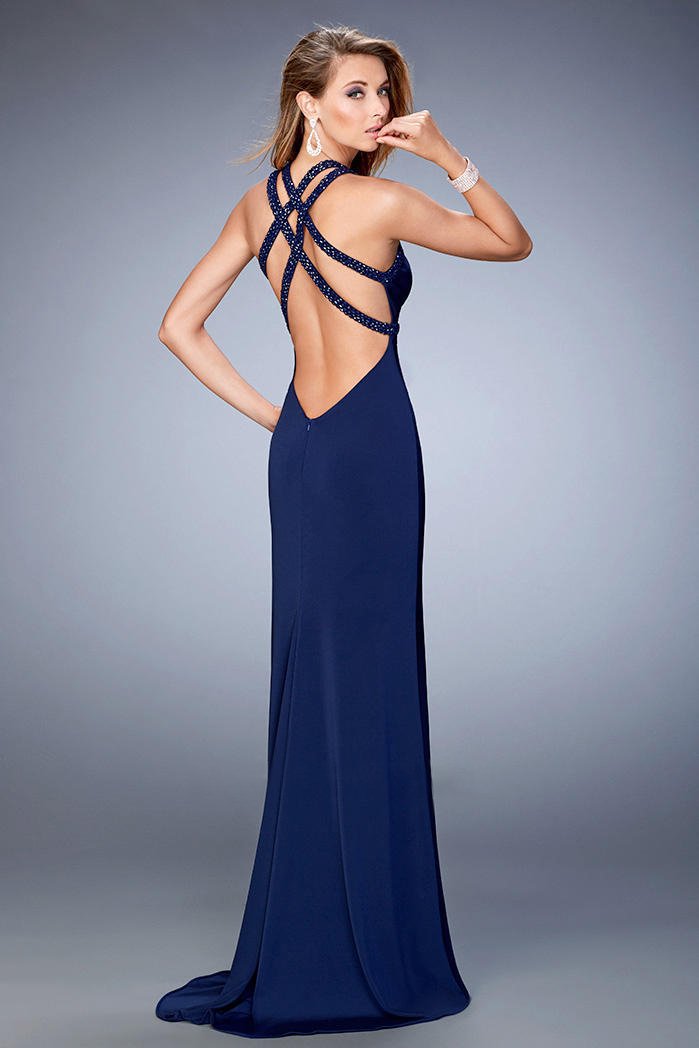 La Femme - 22284 Embellished V-neck Sheath Dress In Blue