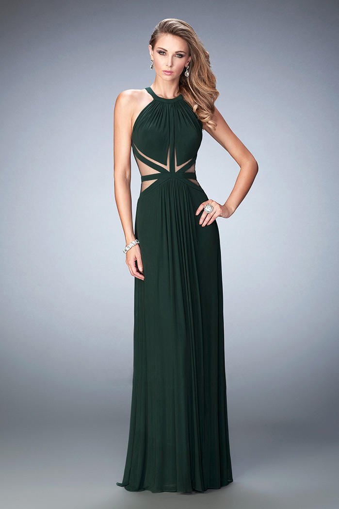 La Femme - 22286 Halter Sheer Gathered Long Gown In Green