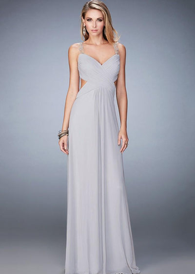 La Femme - 22304 Ruched V-neck Column Dress In Silver