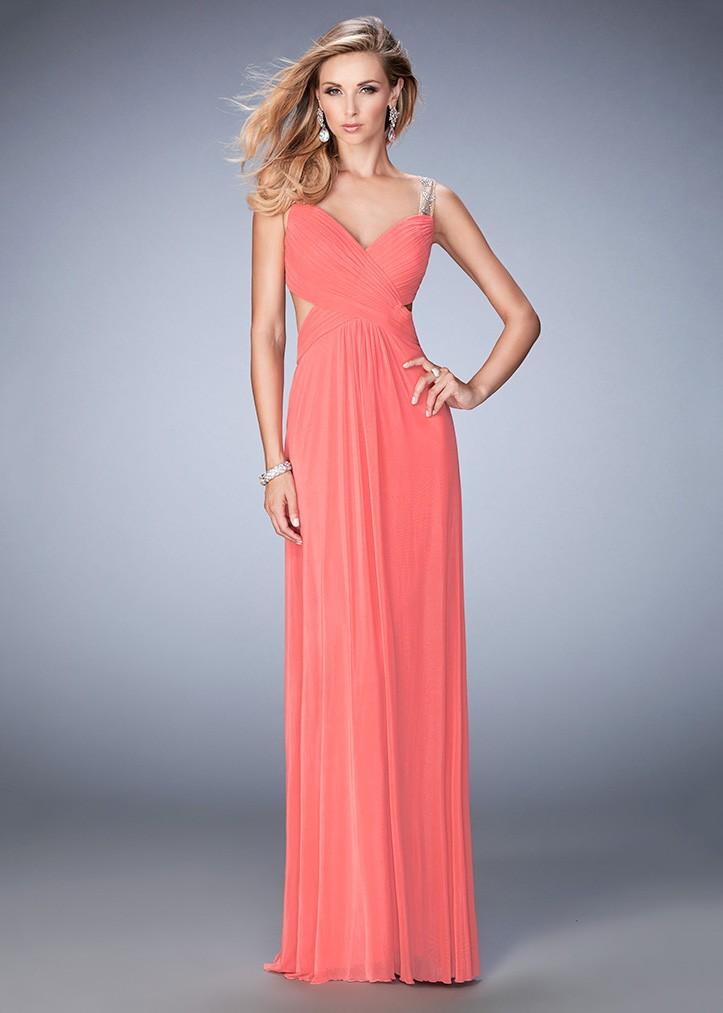 La Femme - 22304 Ruched V-neck Column Dress In Pink