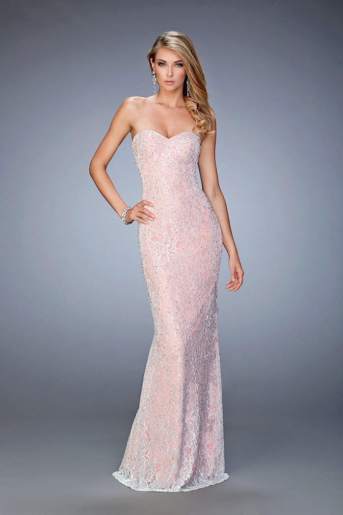 La Femme - 22371 Lace Sweetheart Sheath Dress In White and Pink