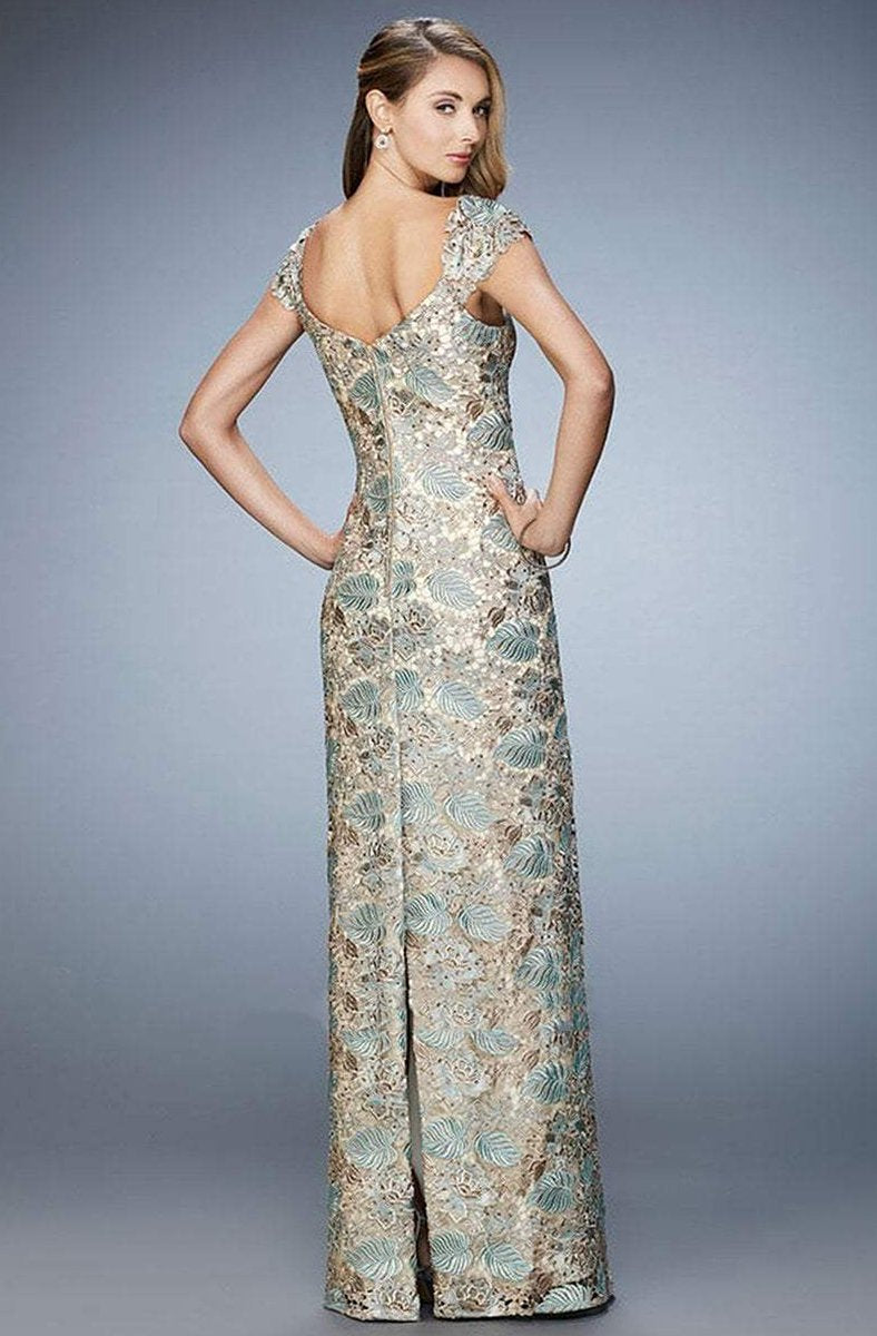 La Femme - 22984 Capsleeve Lace Brocade Evening Gown In Gold and Blue