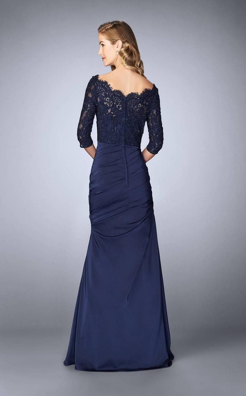 La Femme - Off-Shoulder Ruched Mermaid Gown 24926 in Blue
