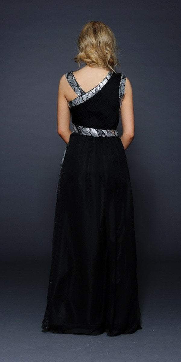 Lara Dresses - Embellished Asymmetric Neck A-Line Dress 21601 in Black