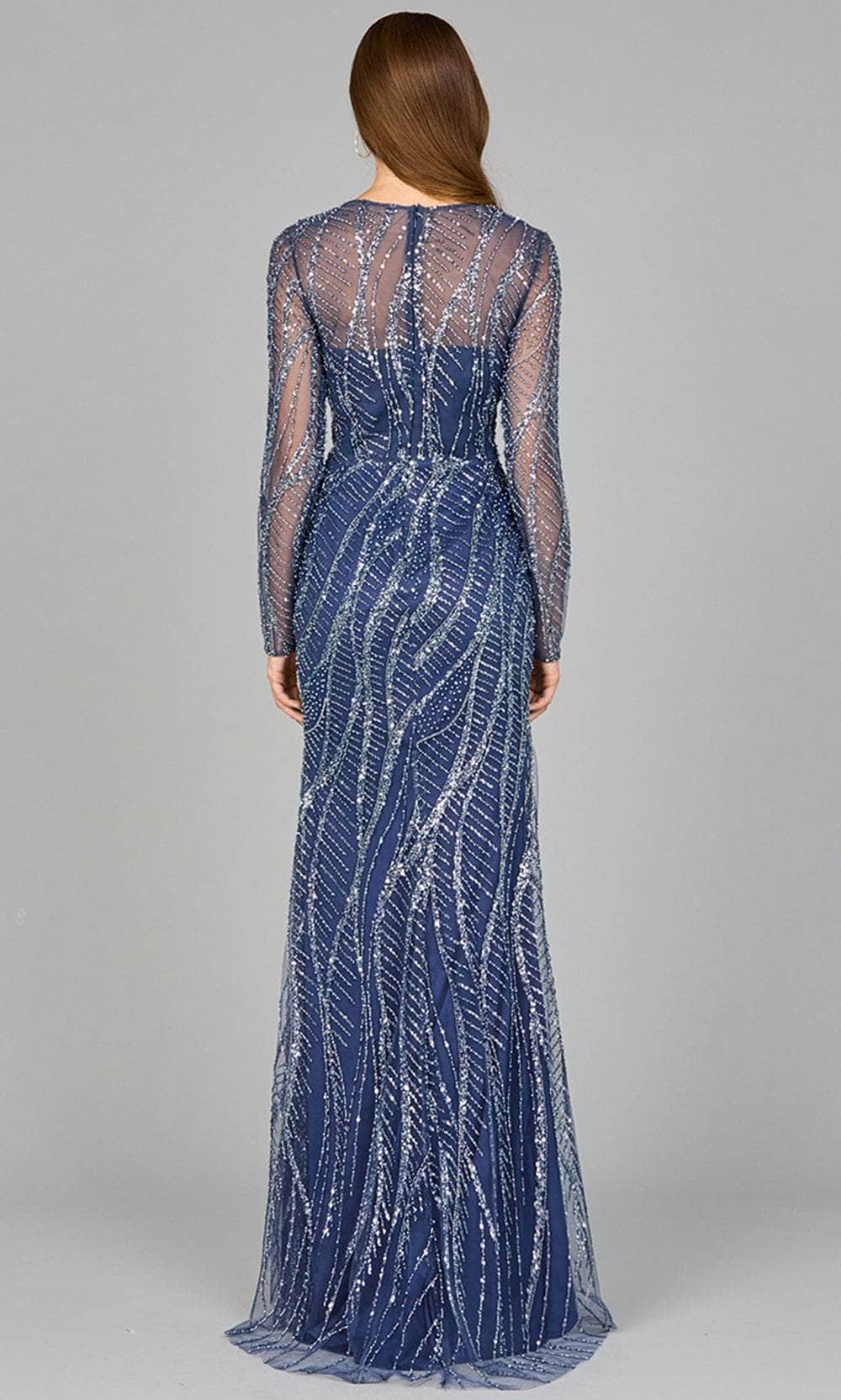 Lara Women's Long Sleeve Sheath Gown with Silver Beads - Blue