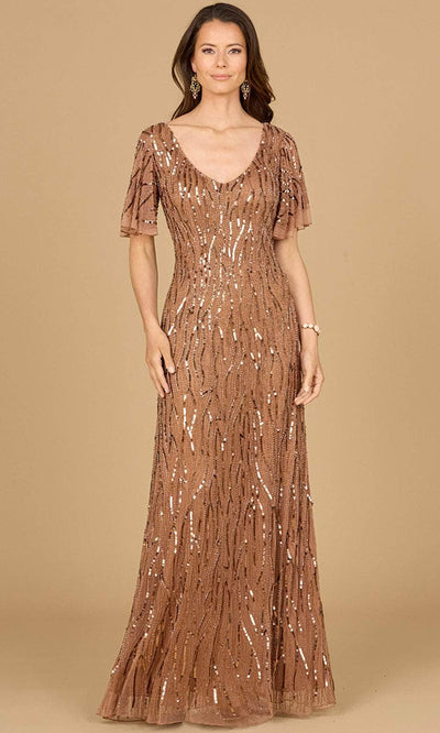 Lara Dresses 29074 - Short Sleeve Sequin Evening Dress 0 /  Mocha