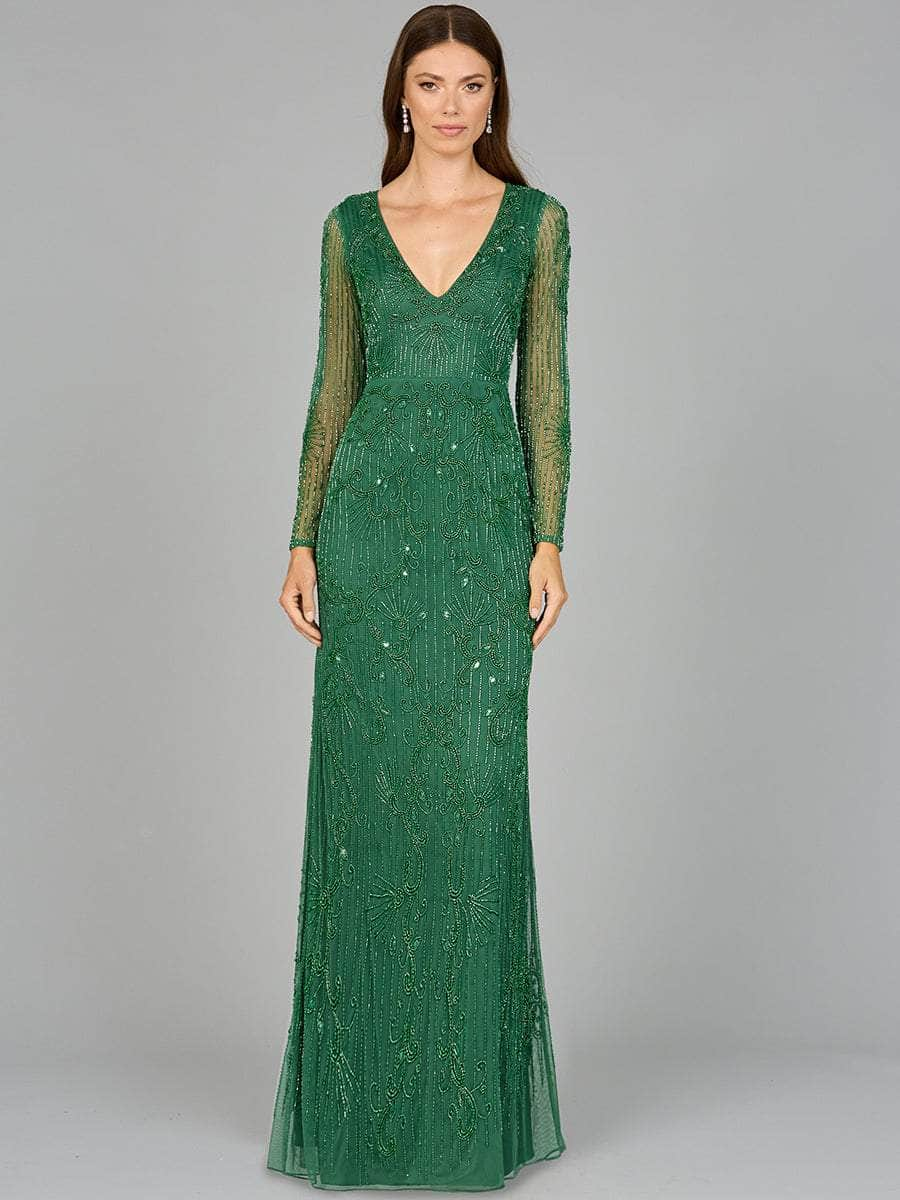 Lara Dresses 29078 - V-Neck Shimmer Evening Dress Special Occasion Dresses 4/ Forest Green