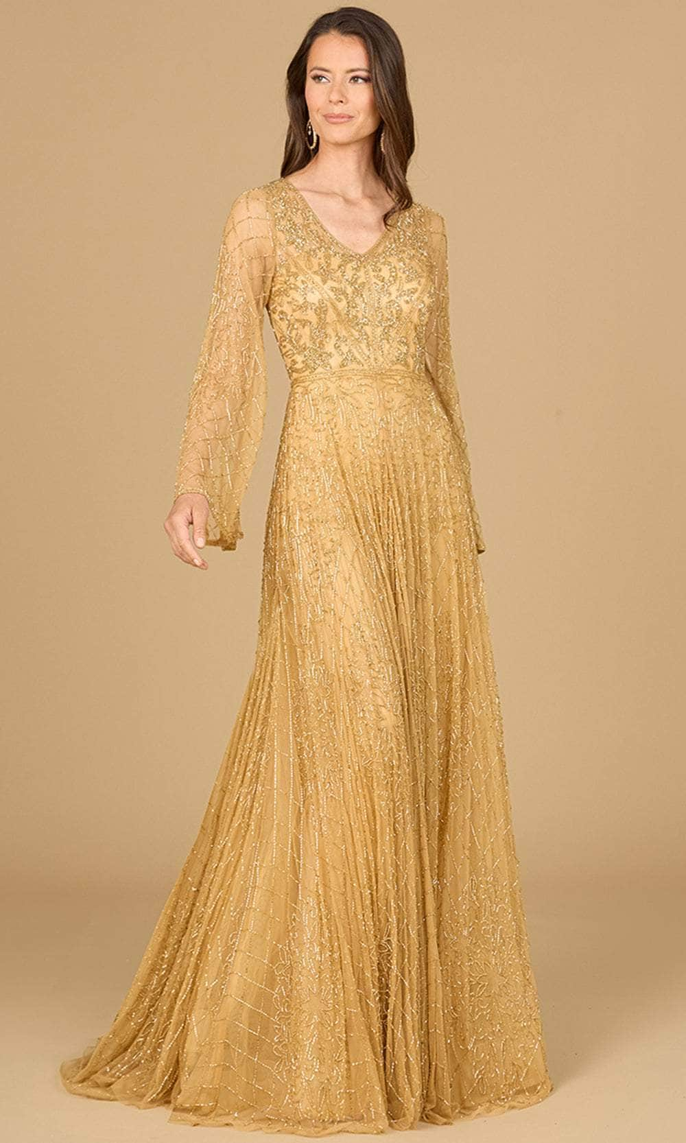 Lara Dresses 29115 - Beaded Flare Sleeve Evening Dress 0 /  Gold