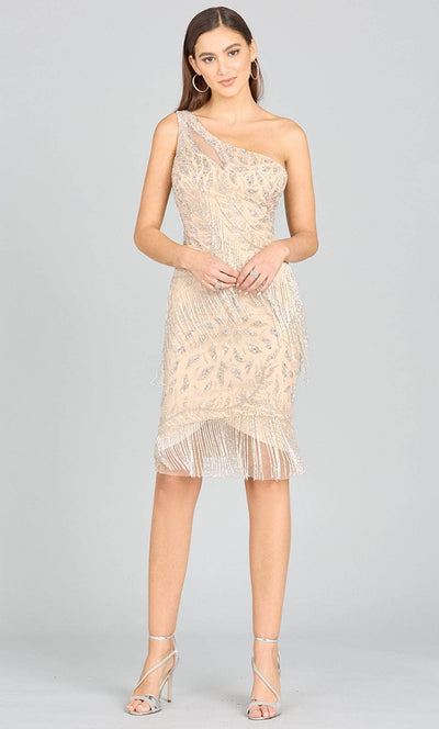 Lara Dresses 29140 - One-Sleeve Bead Fringe Embellished Dress Special Occasion Dress 0 / Nude Silver