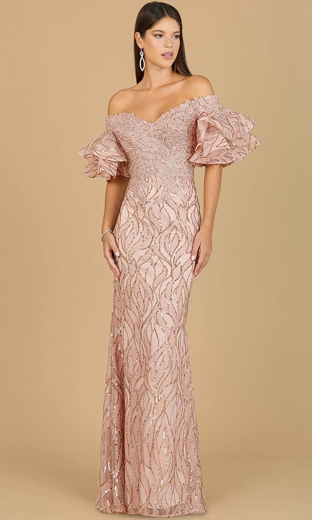 Lara Dresses 29190 - Tiered Sleeve V-Neck Evening Gown Special Occasion Dress 4 / Rose Gold