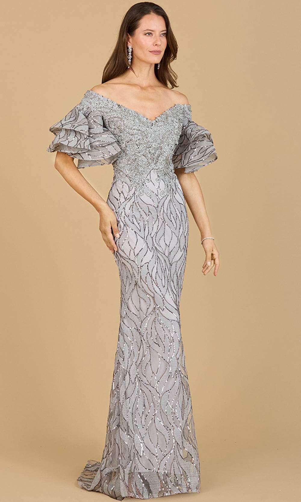 Lara Dresses 29190 - Tiered Sleeve V-Neck Evening Gown Special Occasion Dress 4 / Slate