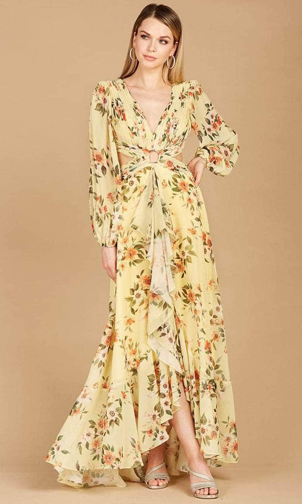 Lara Dresses 29245 - Long Sleeve Floral Printed Long Dress Special Occasion Dress 0 / Yellow