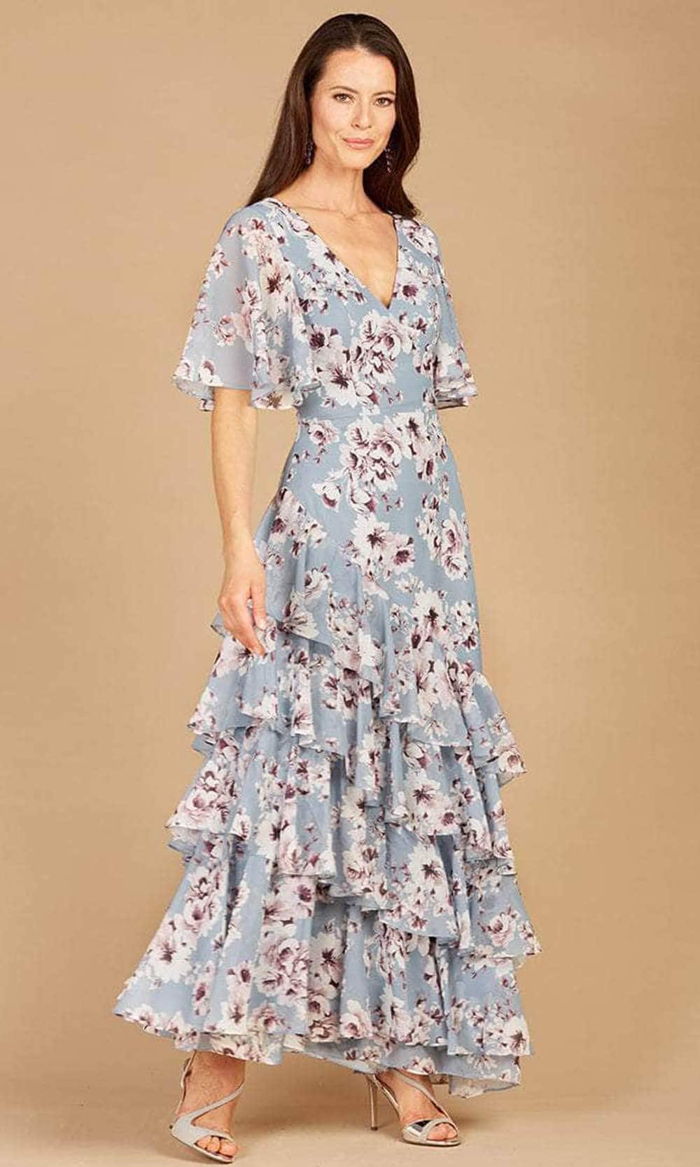 Lara Dresses 29246 - V-Neck Ruffled Printed Long Dress Special Occasion Dress 2 / Slate