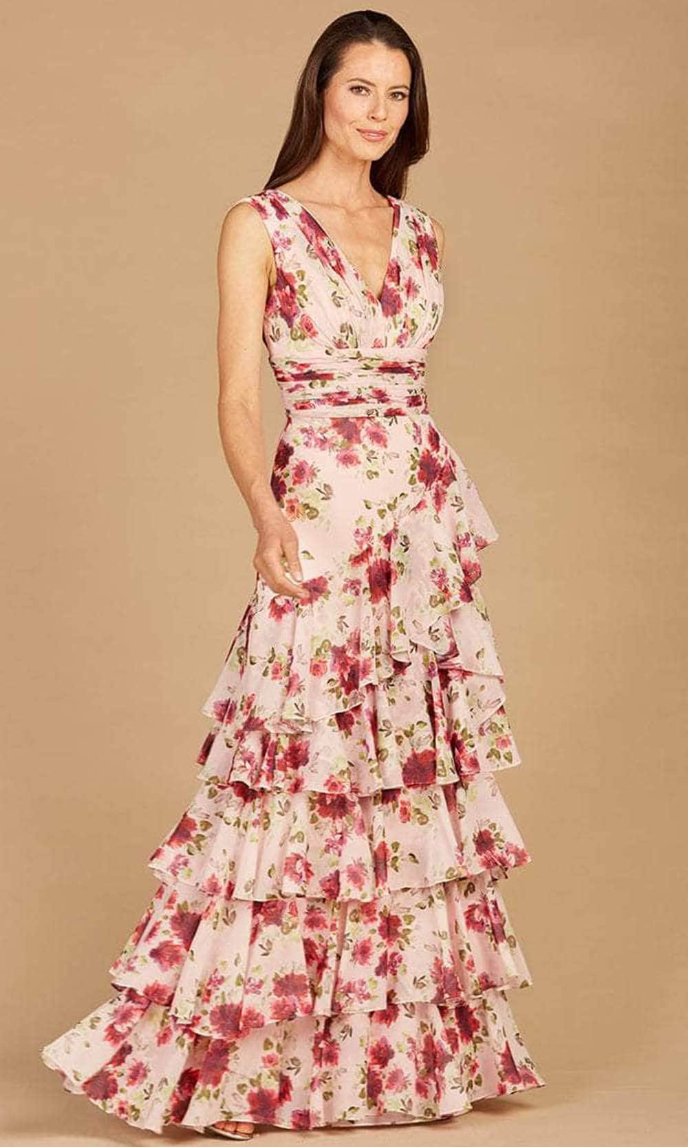 Lara Dresses 29249 - Sleeveless V-Neck Printed Long Dress Special Occasion Dress 2 / Pink