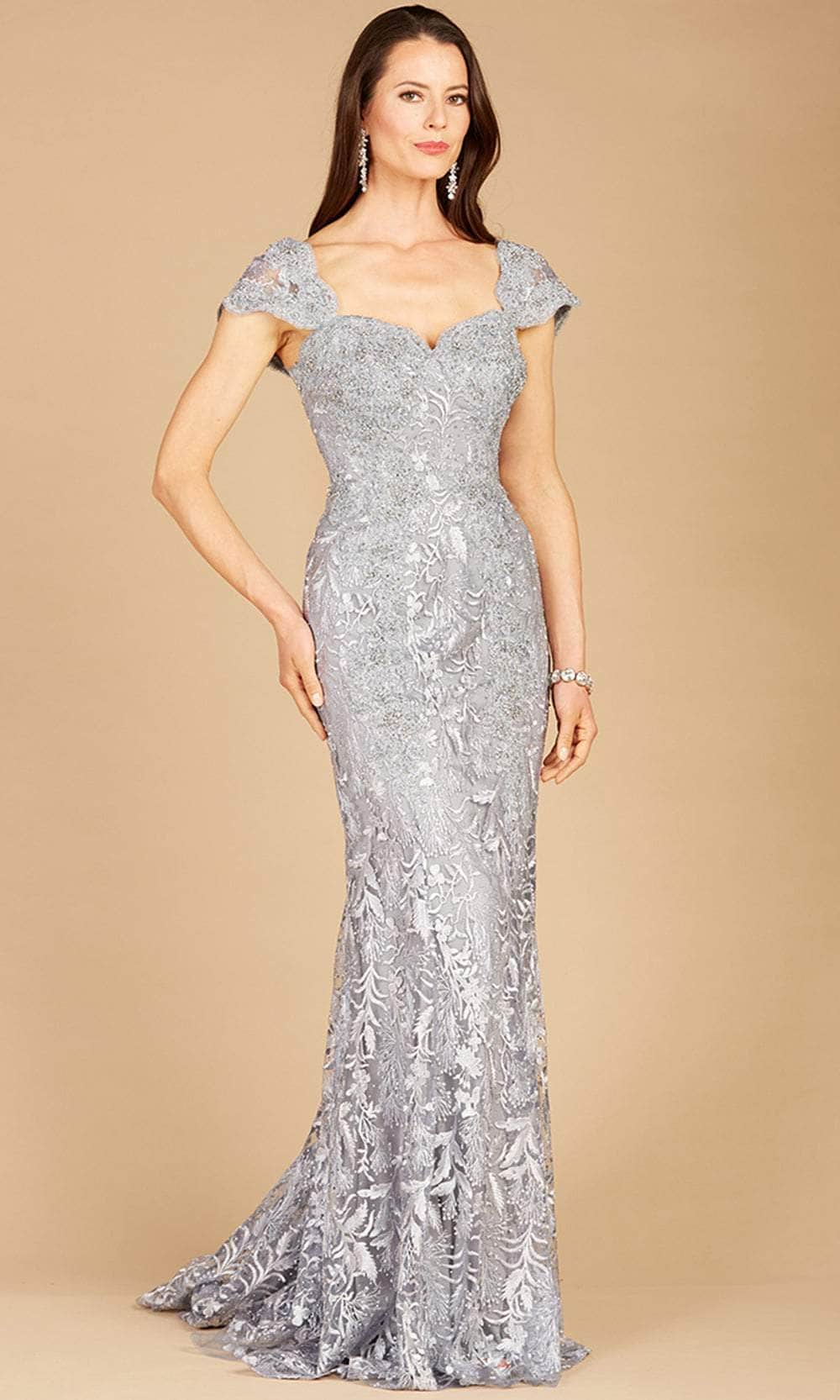 Lara Dresses 29295 - Embroidered Cap Sleeved Gown Special Occasion Dress 4 / Slate