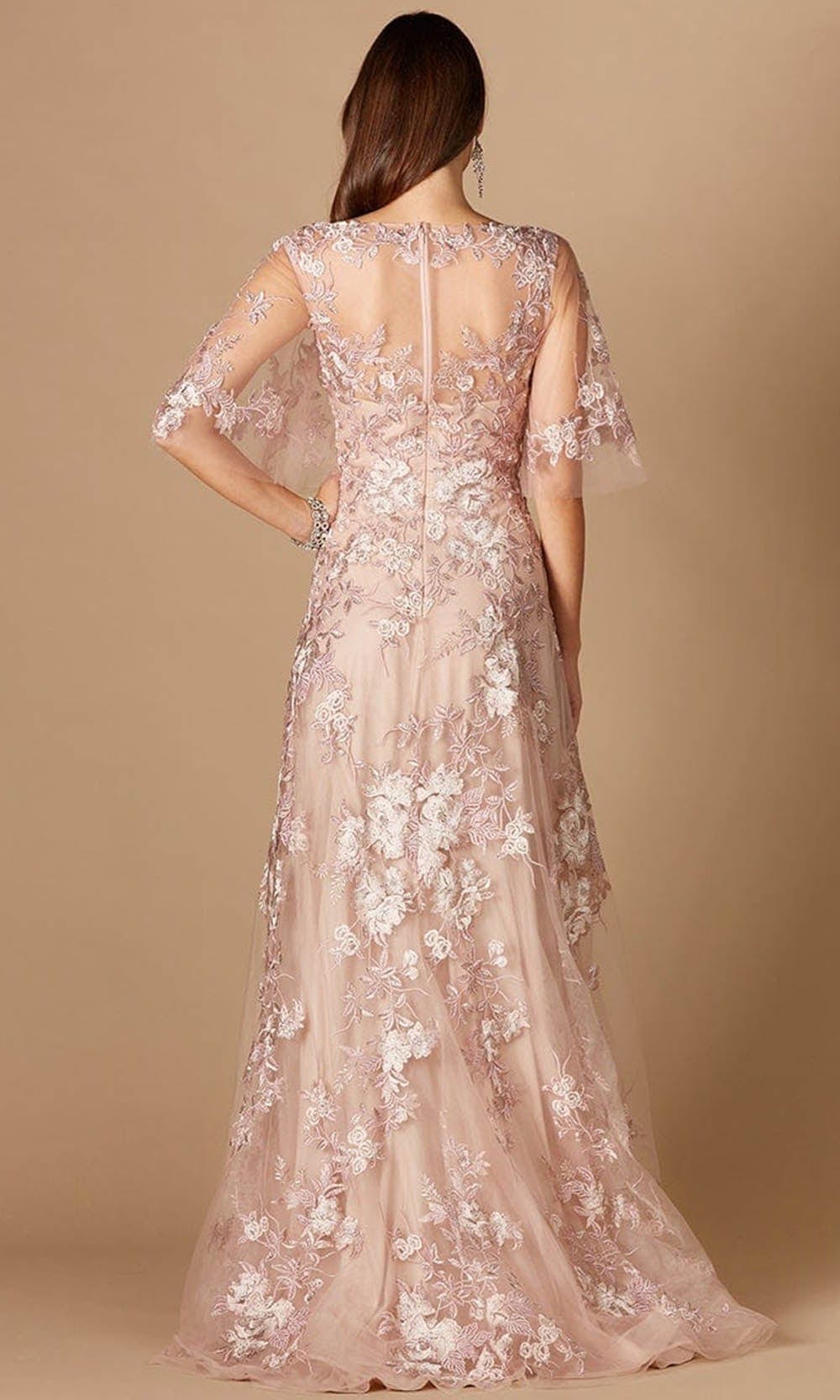 Lara Dresses 29325 - Long A Line Dress - Lined, Sweetheart Lining, Floral, Lace, Sheer Bateau, Sheer Back, Back Zipper, Train 8 / Blush Lara Dresses 29325 - Long A Line Dress - Lined, Sweetheart Lining, Floral, Lace, Sheer Bateau, Sheer Back, Back Zipper, Train 8 / Blush