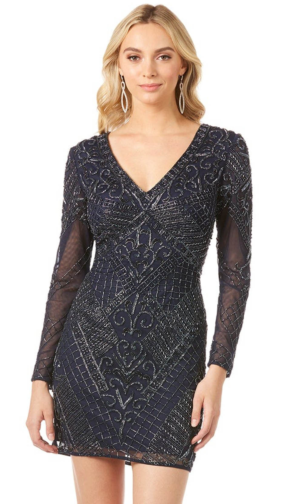 Lara Dresses 29344 - Fully Embellished Long Sleeve Cocktail Dress Special Occasion Dress 0 / Navy