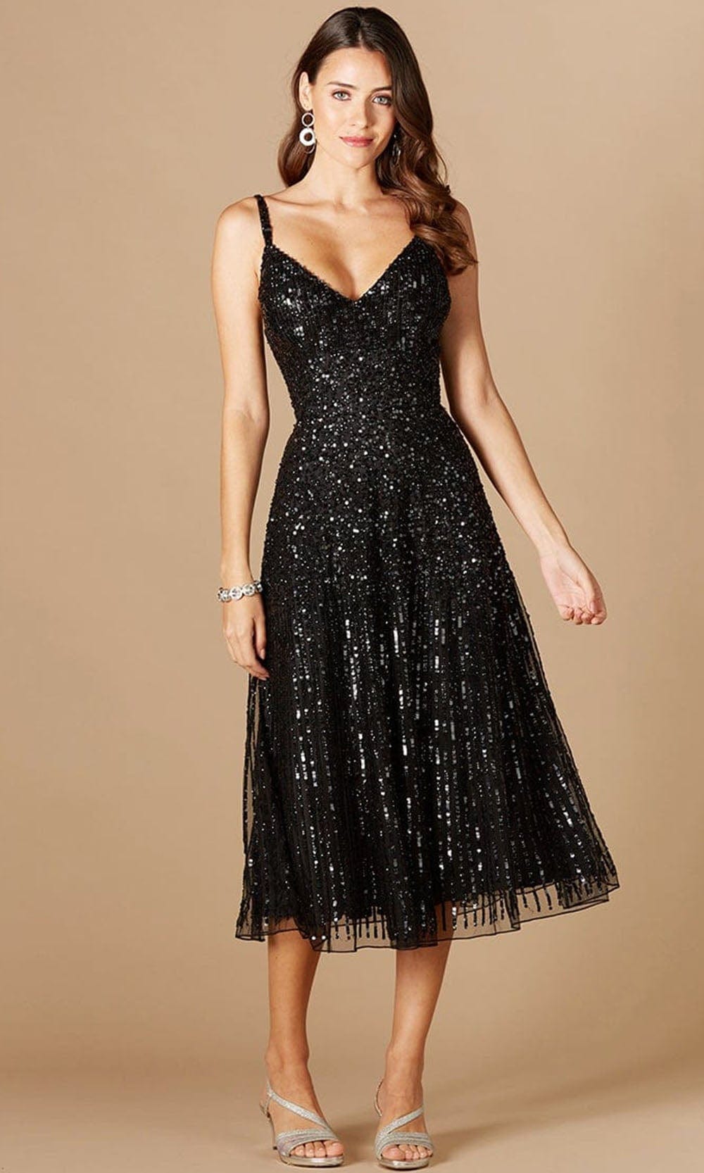 Lara Dresses 29347 - Glittery Sequined Sleeveless Tea Length Dress Special Occasion Dress