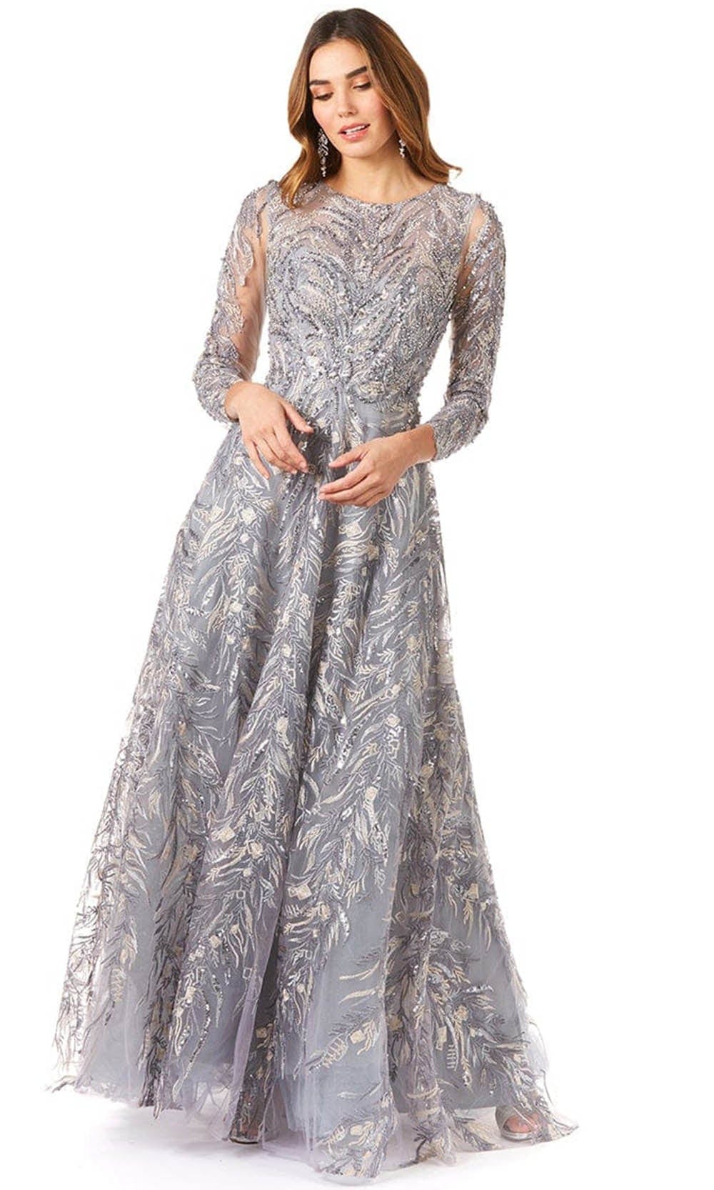 Lara Dresses 29353 - Floral Beaded Sheer Bateau Long Sleeved Dress Special Occasion Dress 2 / Steel Blue