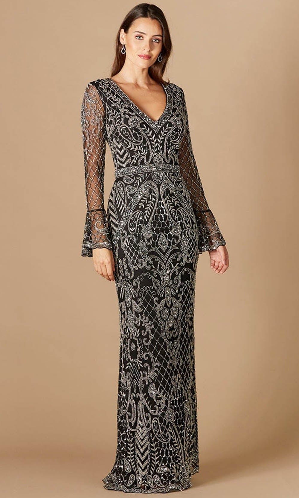 Lara Dresses 29358 - Fully Sequined Long Sheer Sleeves Formal Gown Special Occasion Dress 4 / Black/Silver