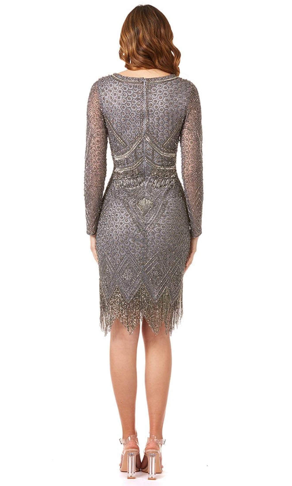 Lara Dresses 29362 - Sheer Long Sleeves Beaded Fringe Short Dress Cocktail Dresses