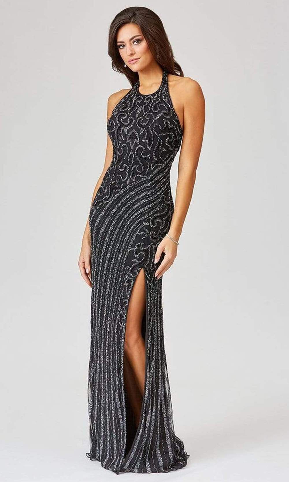 Lara Dresses - 29371 Halter Neck High-Slit Fully Embellished Dress Evening Dresses 0 / Black