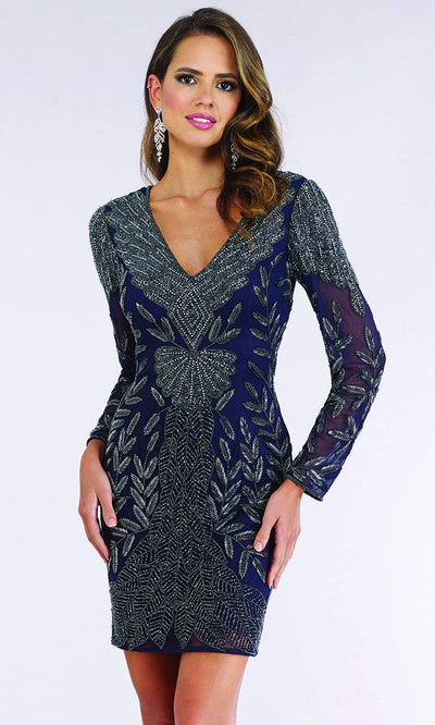 Lara Dresses - 29376 Long Sleeve V-Neck Beaded Sheath Dress Cocktail Dresses 4 / Navy