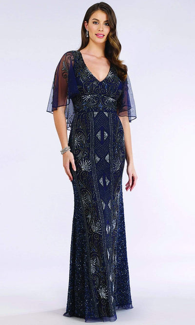 Lara Dresses - 29393 Embellished V-neck Long Sheath Dress Mother of the Bride Dresses 4 / Navy