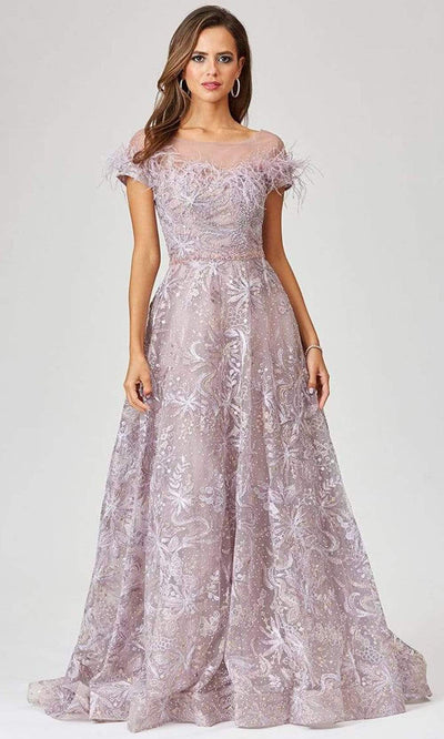 Lara Dresses - 29451 Feather Accent Neckline Embellished A-Line Gown Mother of the Bride Dresses 0 / Dusty Purple