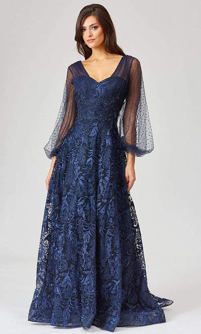 Lara Dresses - 29455 Embroidered Sheer Long Sleeve A-Line Gown Mother of the Bride Dresses 0 / Navy